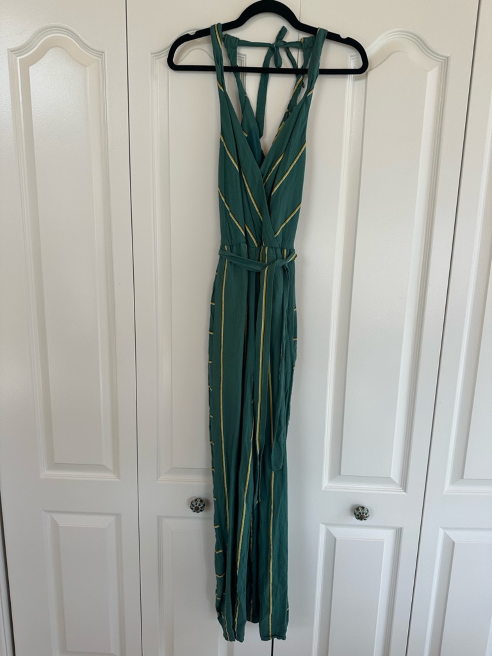 Anthropologie Teal Green Striped Jumpsuit